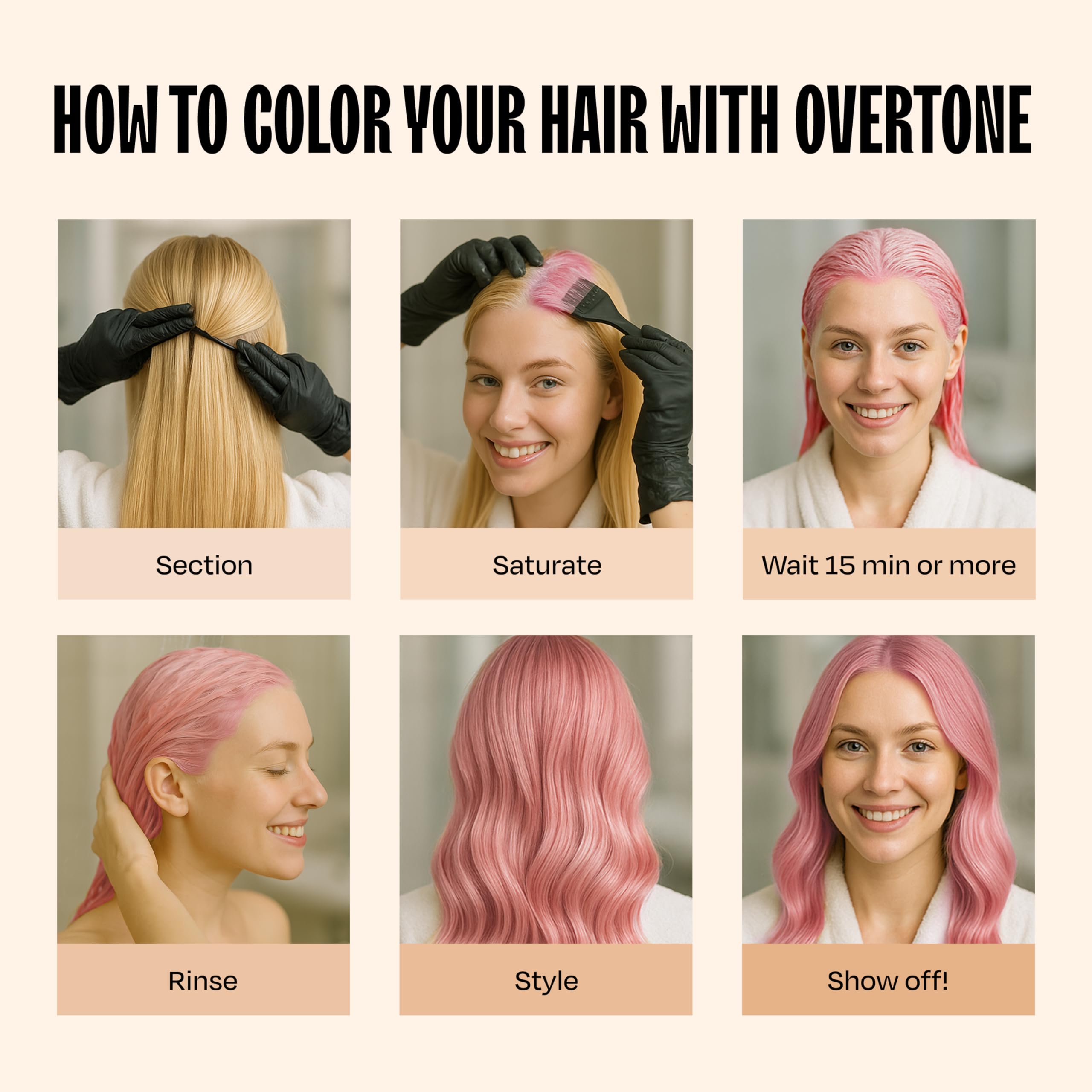 Overtone Cotton Candy Pink on light hair base showing pastel to vibrant possibilities