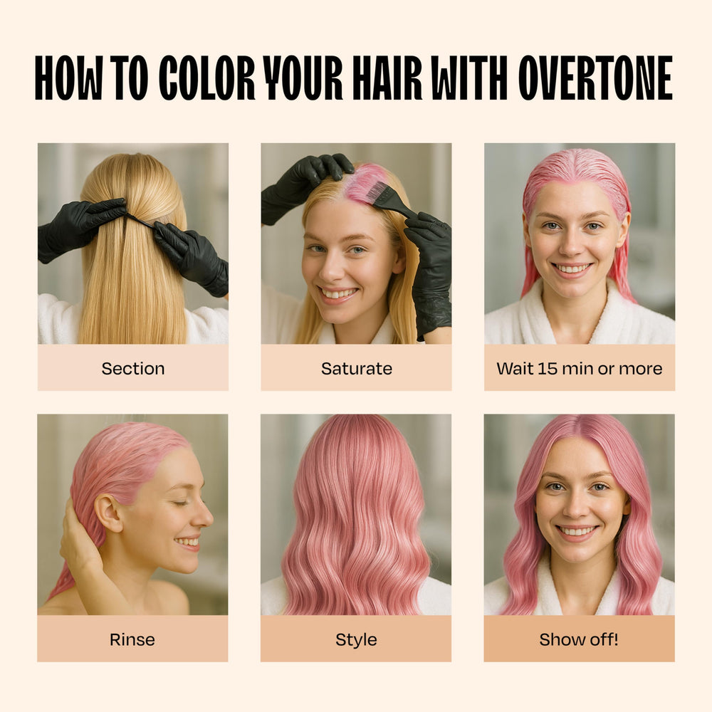 Overtone Cotton Candy Pink on light hair base showing pastel to vibrant possibilities