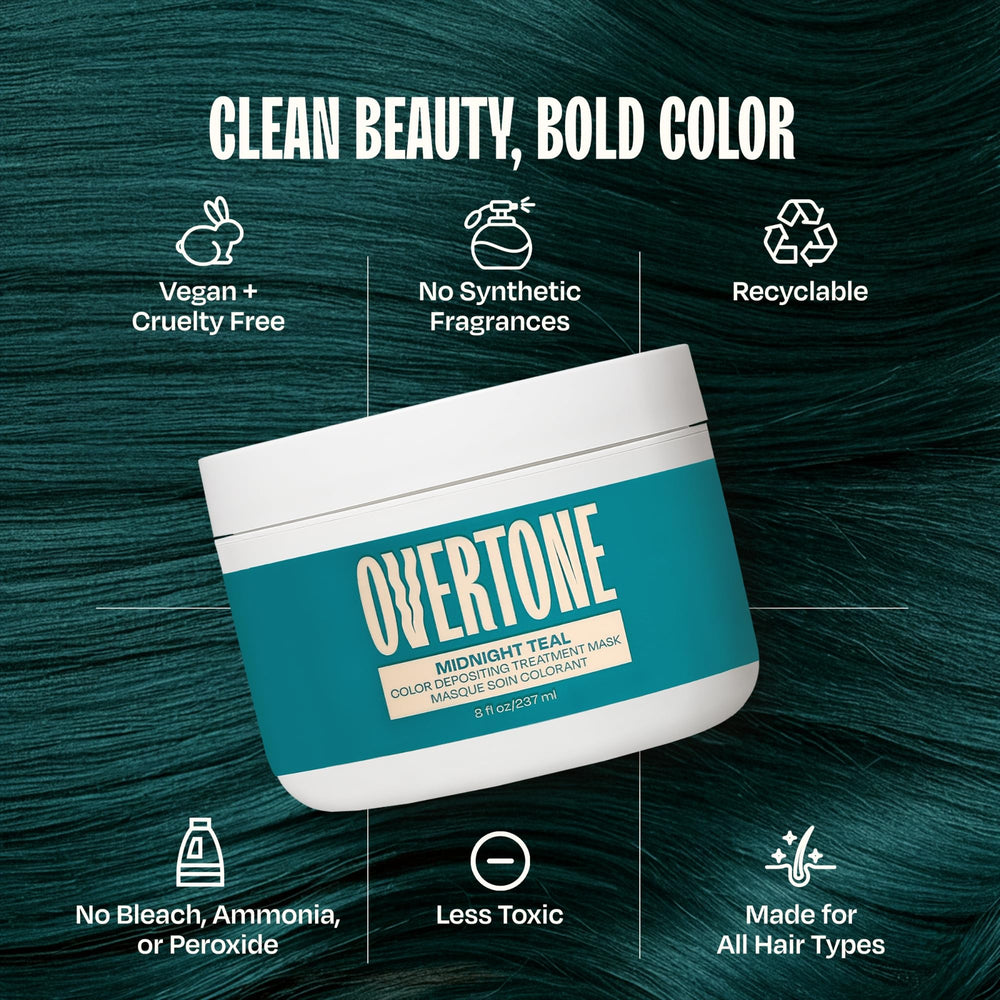 Overtone Midnight Teal rinse-off moment showing fade-resistant pigment and shine