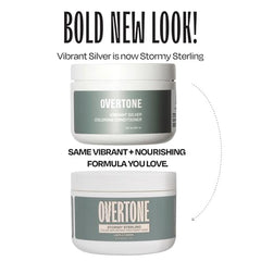 Overtone Stormy Sterling color depositing mask jar highlights creamy, hydrating formula.