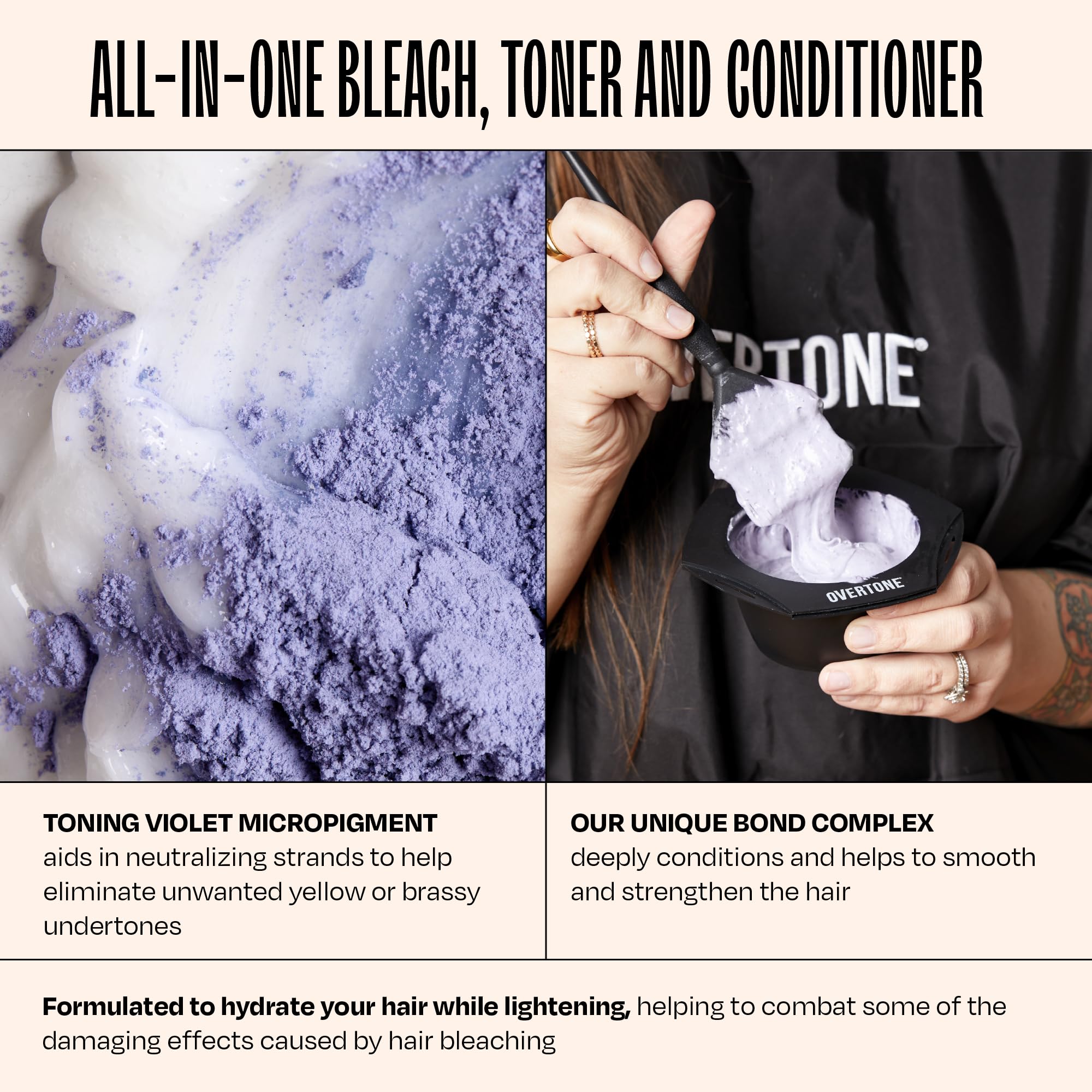 Overtone vegan, ammonia-free lightening formula with hydrating ingredients.