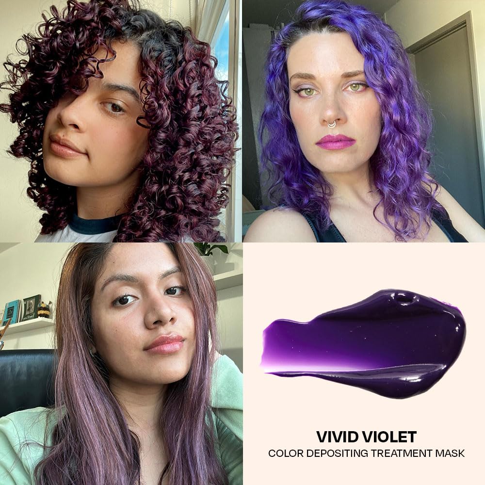 oVertone Vivid Violet color deposit on dark hair closeup