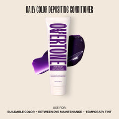 oVertone Vivid Violet conditioner lather glistening on hair before rinse