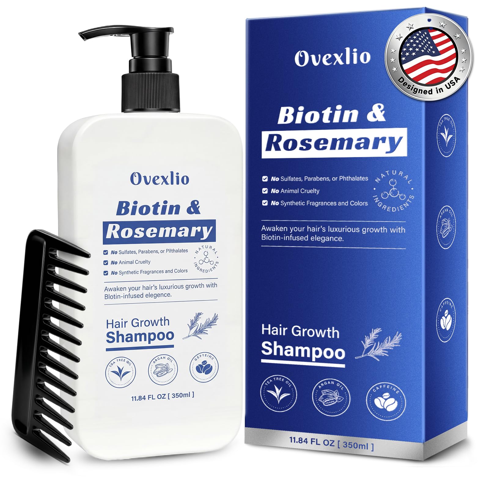 OVEXLIO Hair Growth Shampoo bottle pouring for daily scalp care.