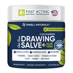 OWELL Naturals Drawing Salve jar with clear formula for gentle skin relief.