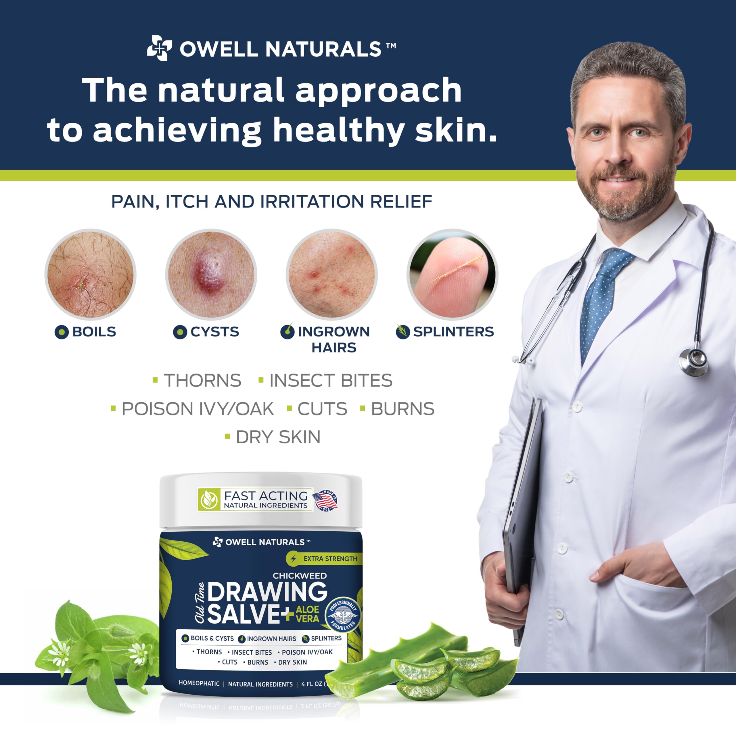 OWELL Naturals Drawing Salve label highlighting natural ingredients