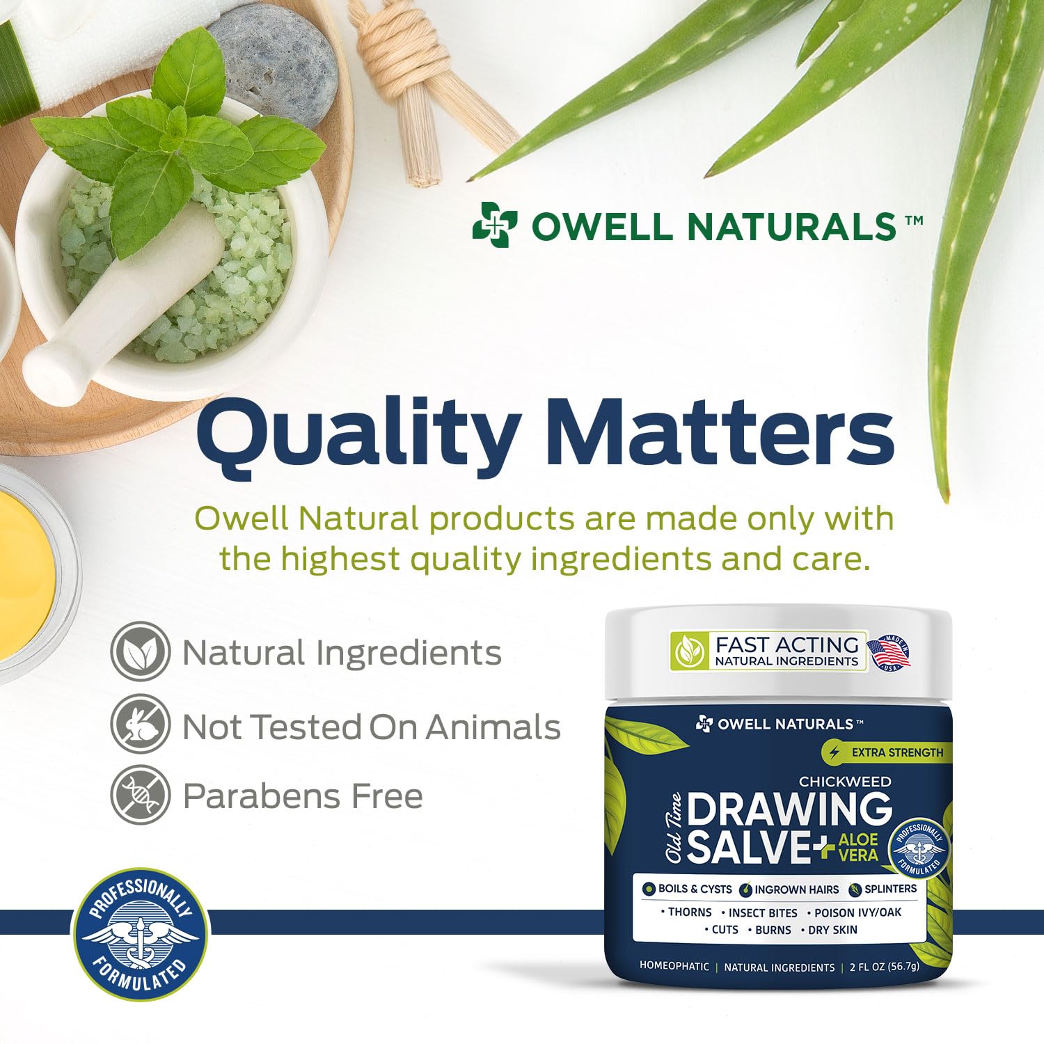 OWELL Naturals Drawing Salve packaging showing USA-made 2 oz for home use.