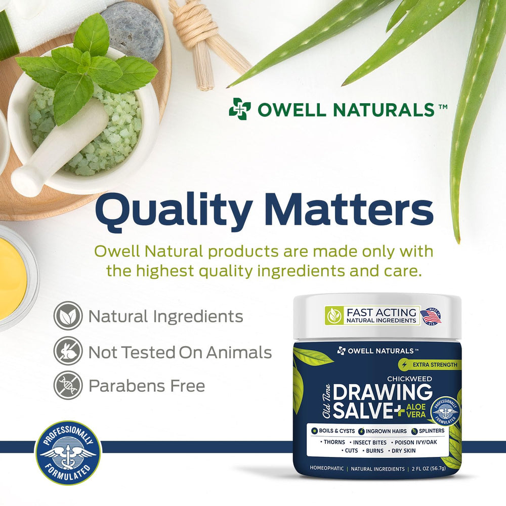 OWELL Naturals Drawing Salve packaging showing USA-made 2 oz for home use.