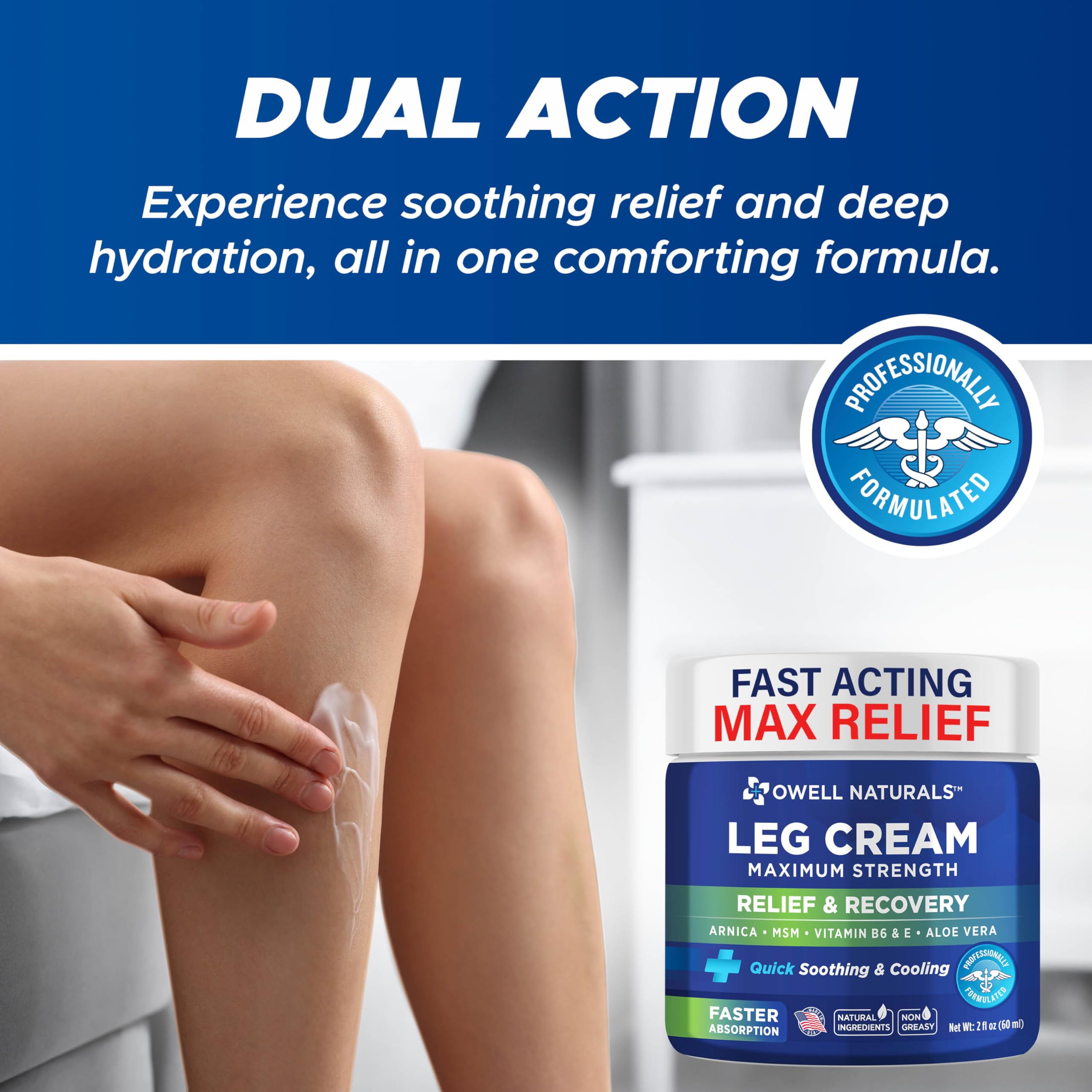 OWELL Naturals Relief Legs Cream Aloe Vera swirl signifies soothing hydration for skin health.