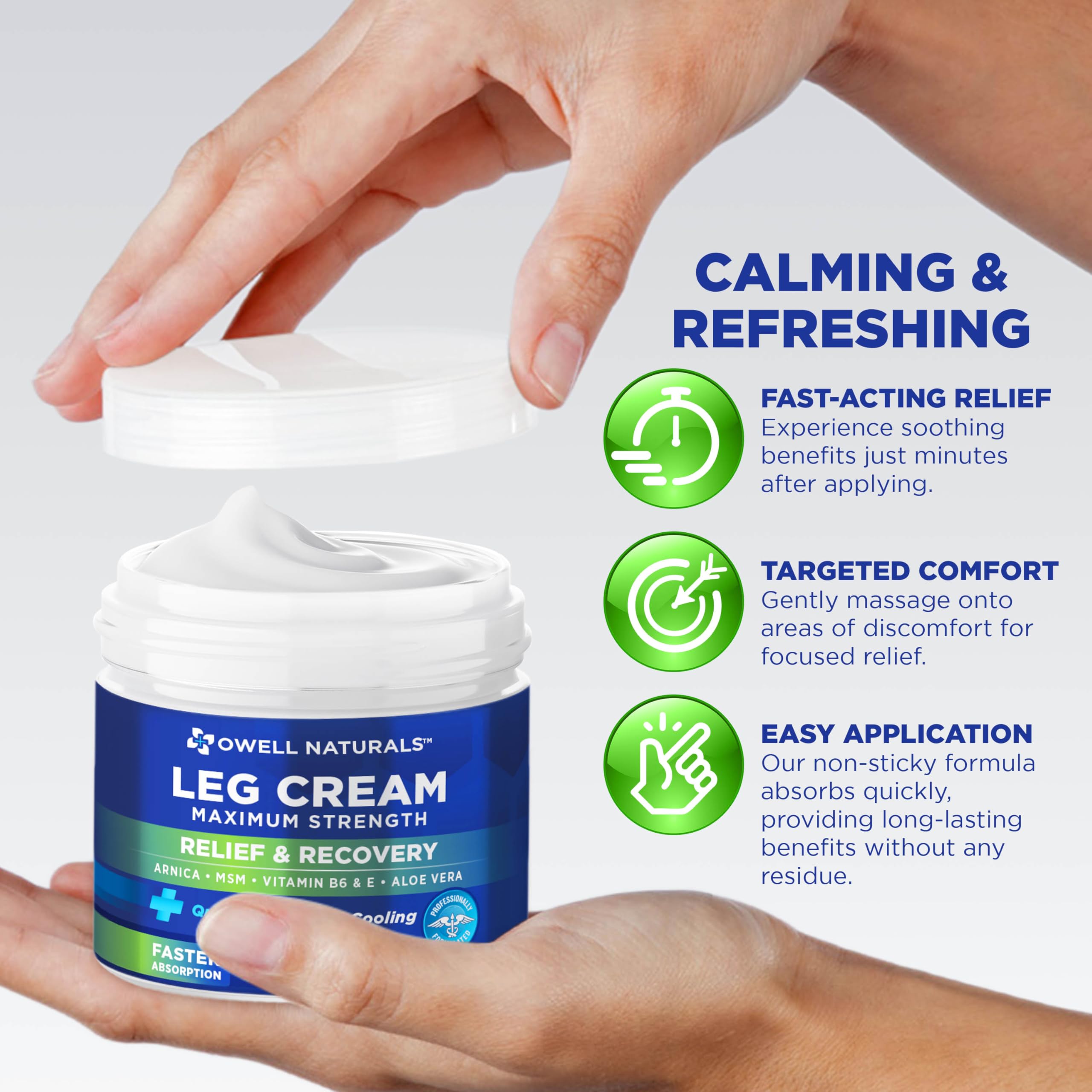 OWELL Naturals Relief Legs Cream Arnica blend highlights natural comfort after activity.