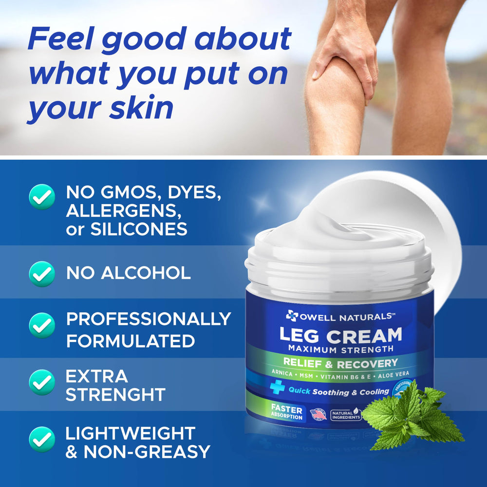OWELL Naturals Relief Legs Cream massage-ready tube in hand indicates easy application.
