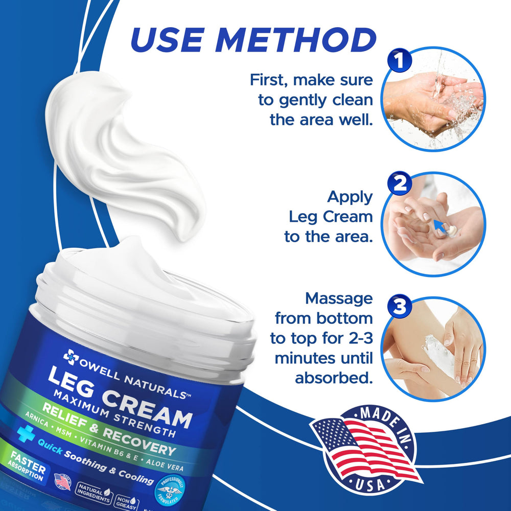 OWELL Naturals Relief Legs Cream application on calf after activity hints at post-workout relief.