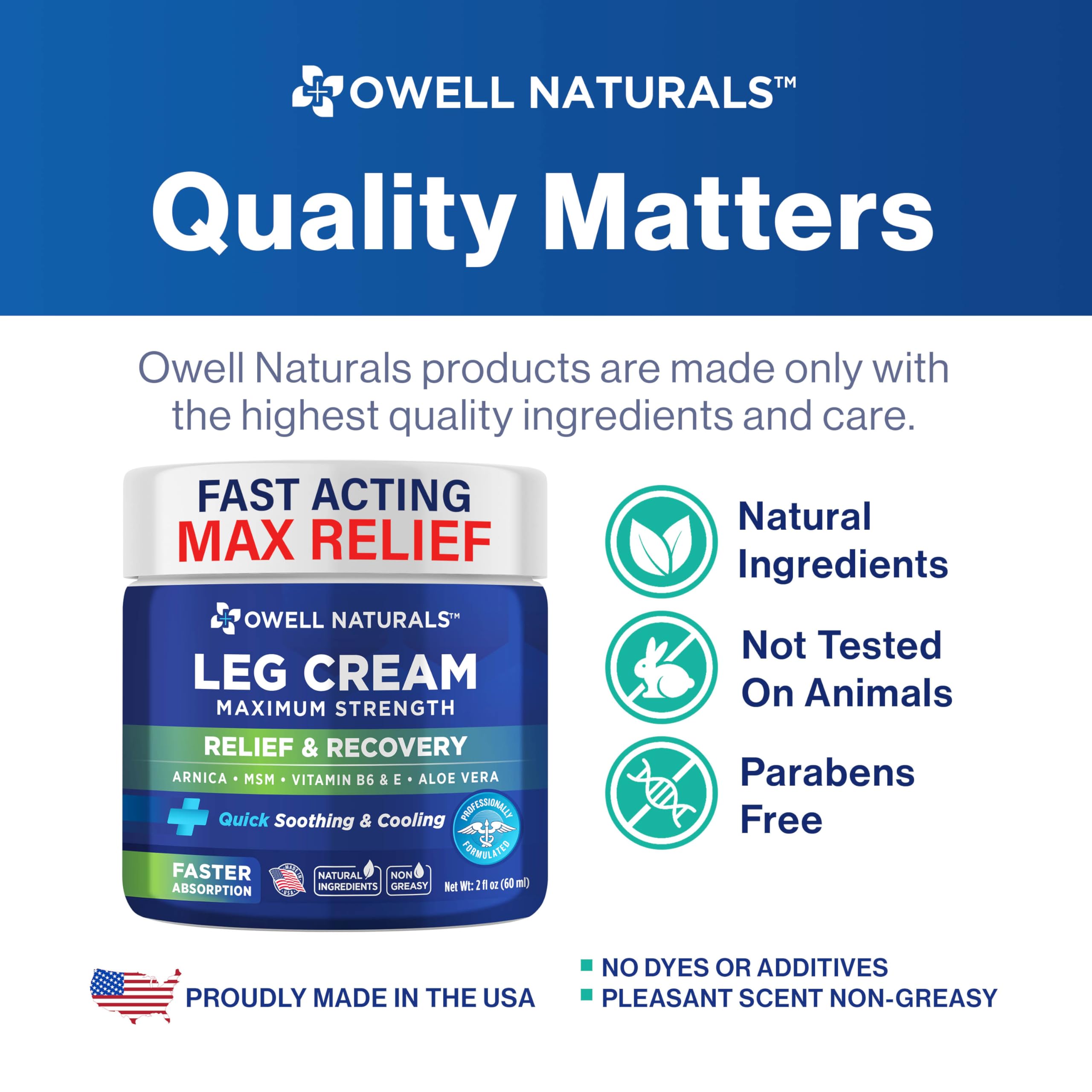 OWELL Naturals Relief Legs Cream compact 2 oz packaging shown for travel-friendly use.