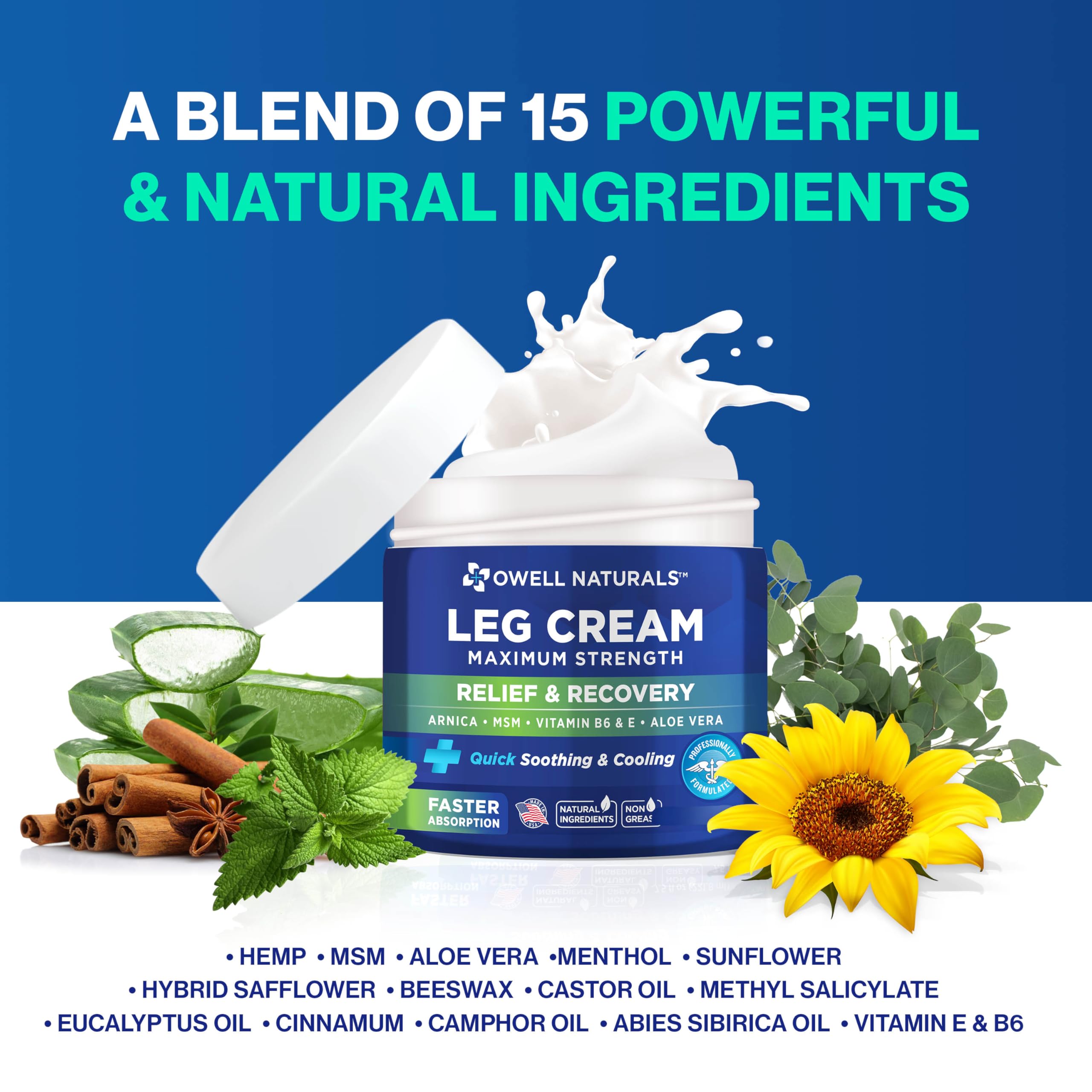 OWELL Naturals Relief Legs Cream Vitamin E boosts nourishing hydration for leg skin.