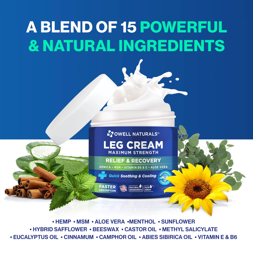 OWELL Naturals Relief Legs Cream Vitamin E boosts nourishing hydration for leg skin.