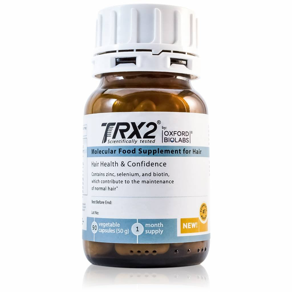 Oxford Biolabs TRX2 bottle with capsules ready for daily use to support hair density