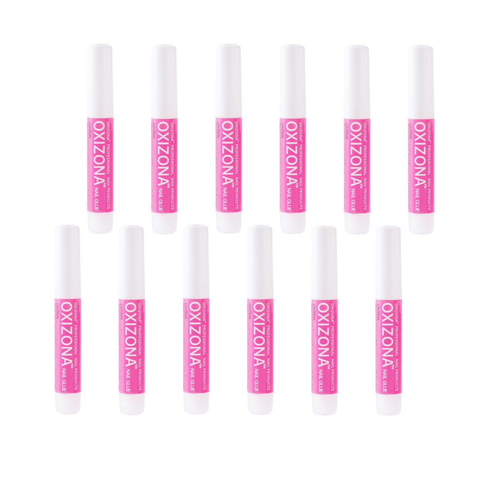OXIZONA nail glue bottle pour showing quick, strong bonding on acrylic nails.