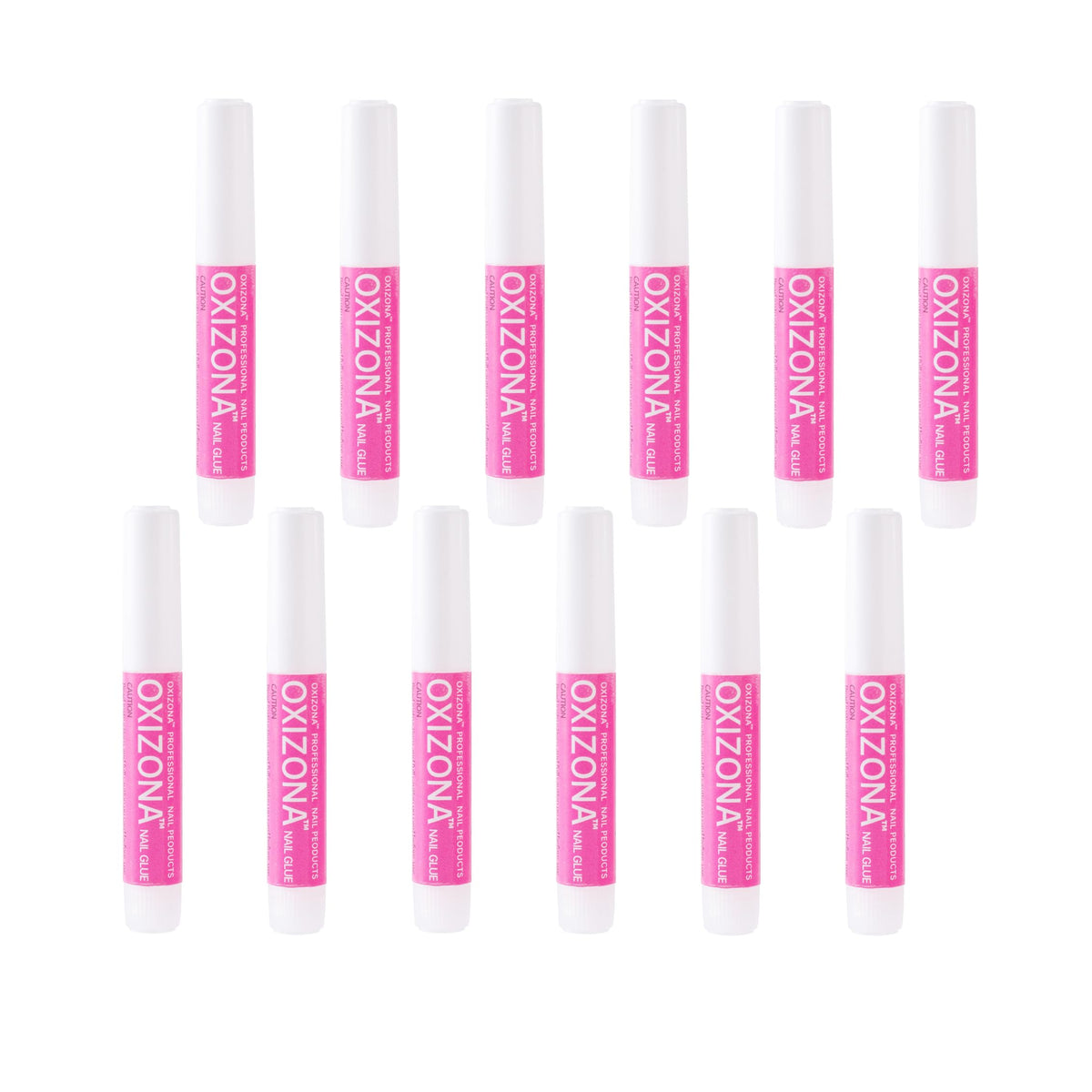 OXIZONA nail glue bottle pour showing quick, strong bonding on acrylic nails.