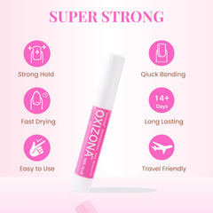 OXIZONA nail glue dispense closeup for precise application on tips.