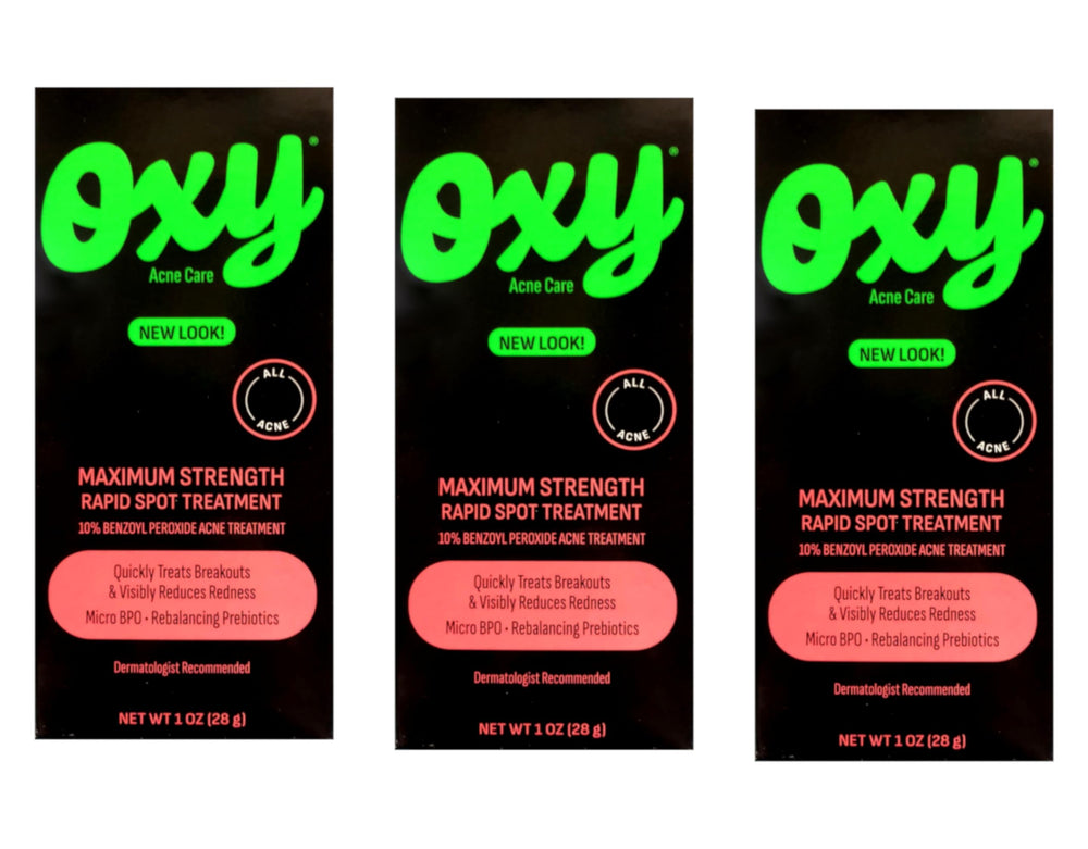 OXY Maximum Action Spot Treatment bottle shown, targets blemishes with fast-acting relief.