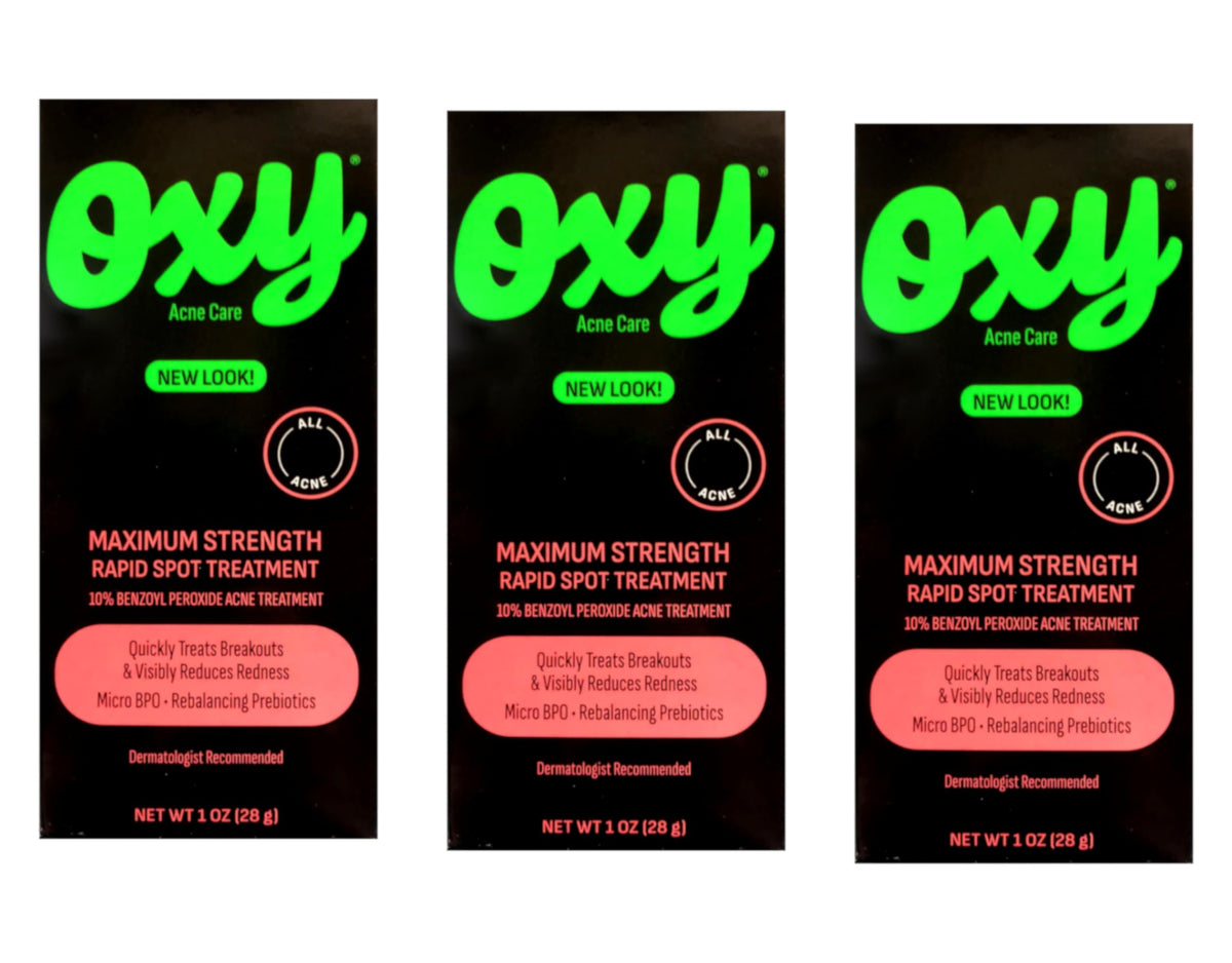 OXY Maximum Action Spot Treatment bottle shown, targets blemishes with fast-acting relief.