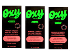 OXY Maximum Action Spot Treatment bottle shown, targets blemishes with fast-acting relief.