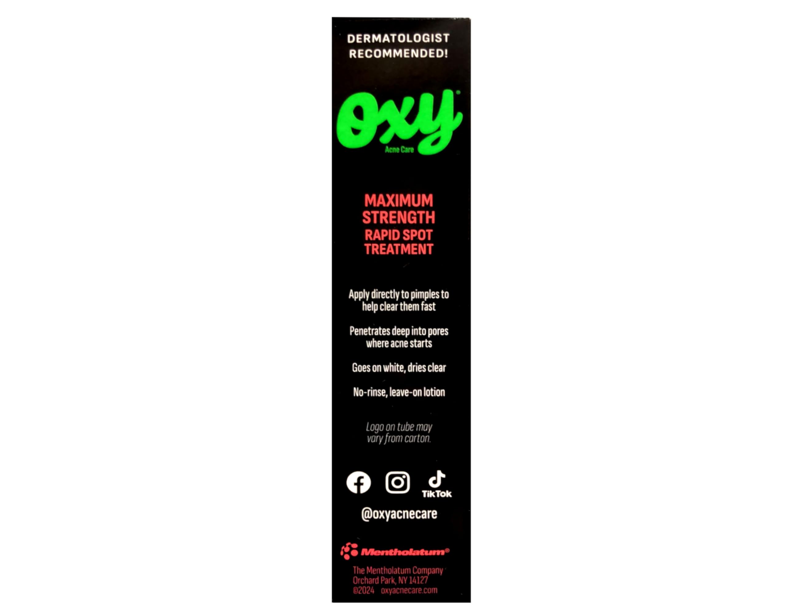 OXY Maximum Action Spot Treatment face-application-closeup highlights on-face use for targeted care.