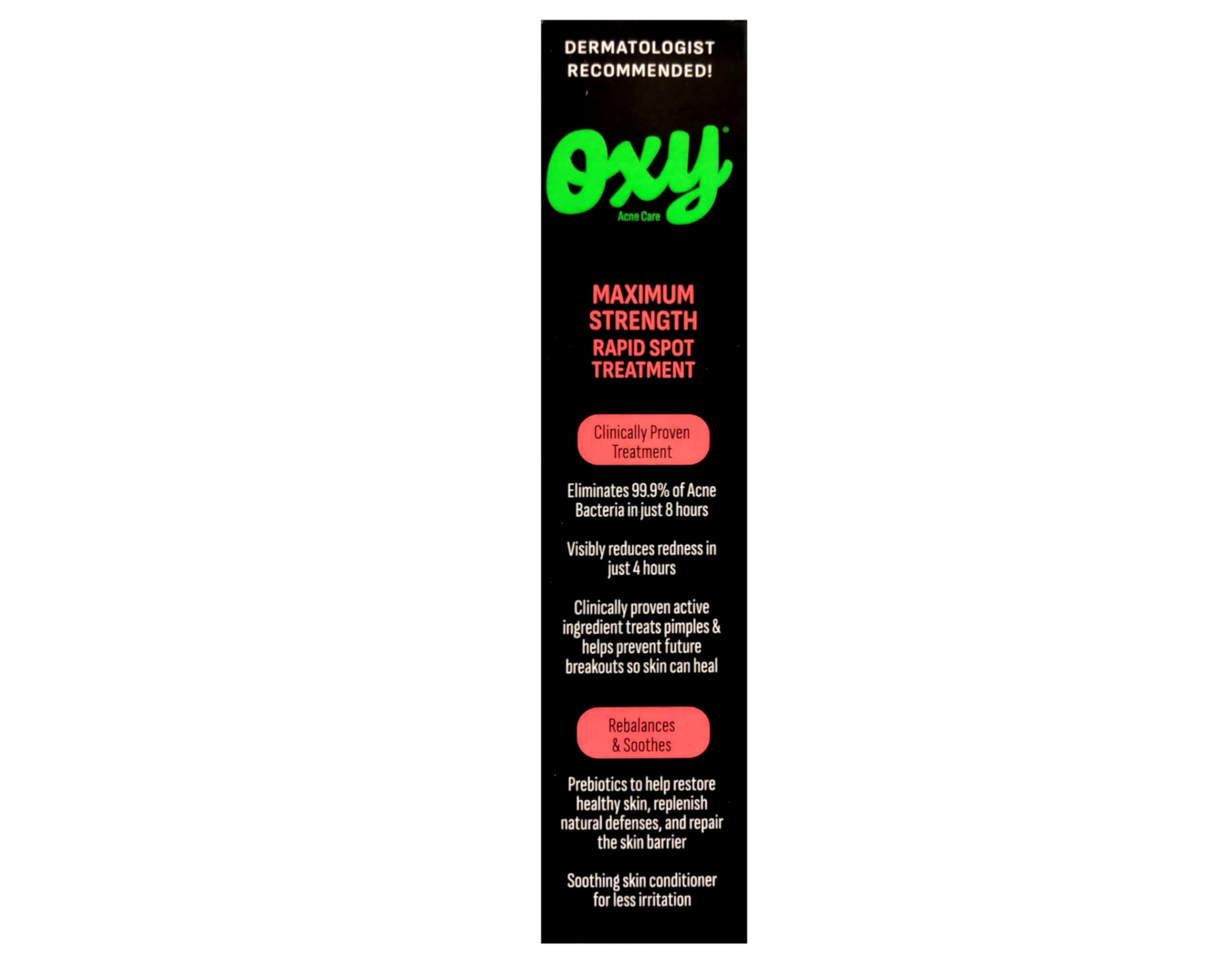 OXY Maximum Action Spot Treatment label-closeup emphasizes oil-free formula for daily routines.