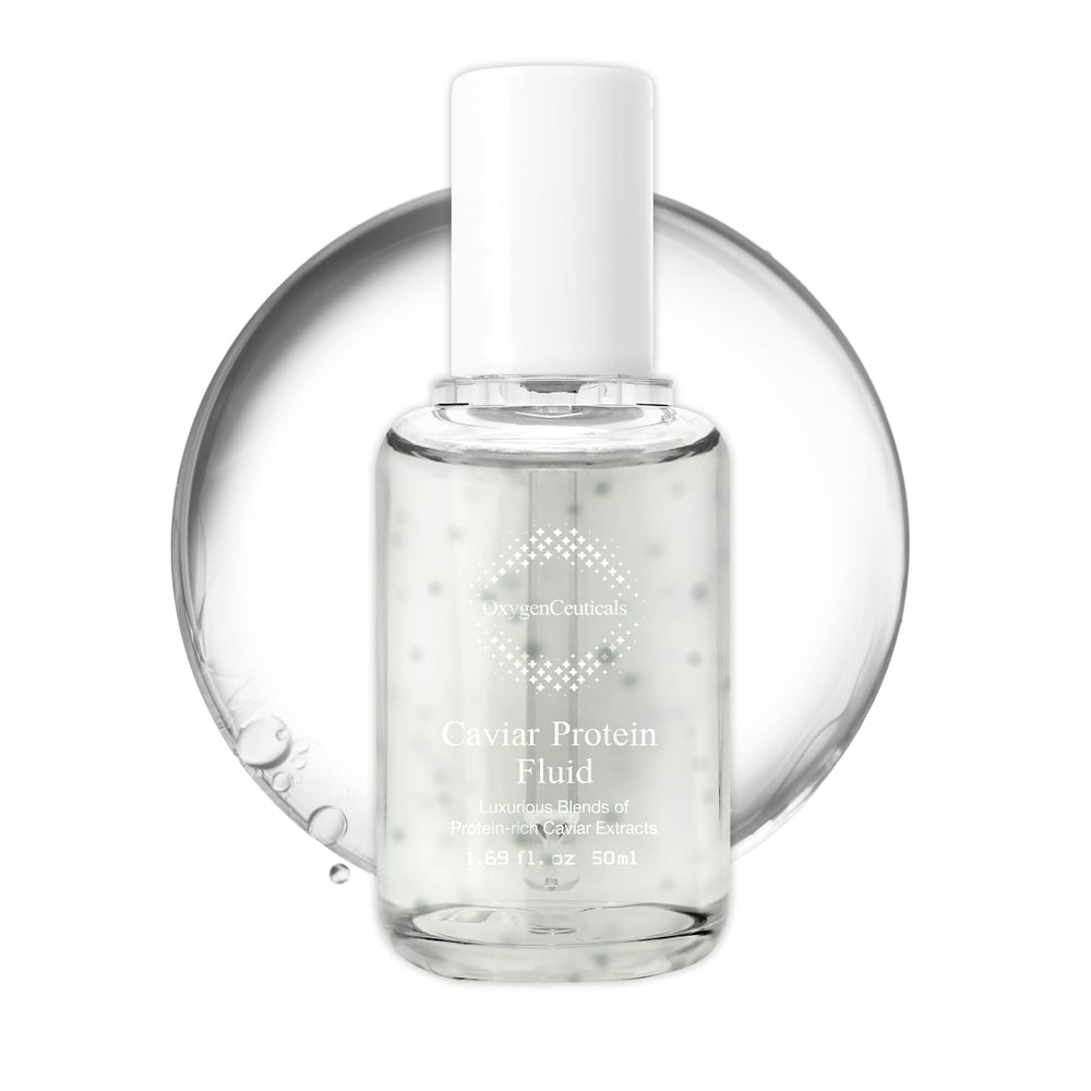OxygenCeuticals Caviar Protein Fluid bottle for brightening and firming skin.