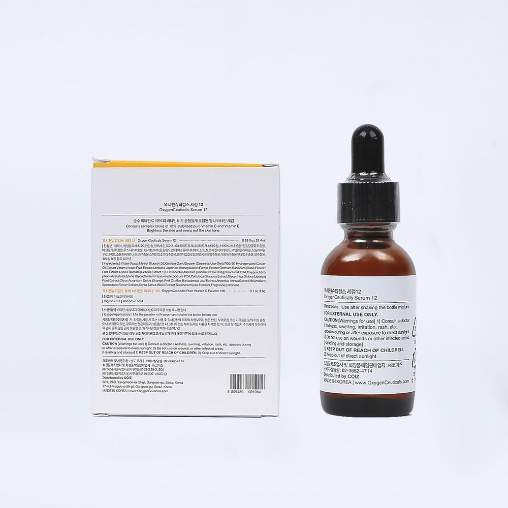 OxygenCeuticals Serum 12 packaging box, communicates clinical quality and gentle care.
