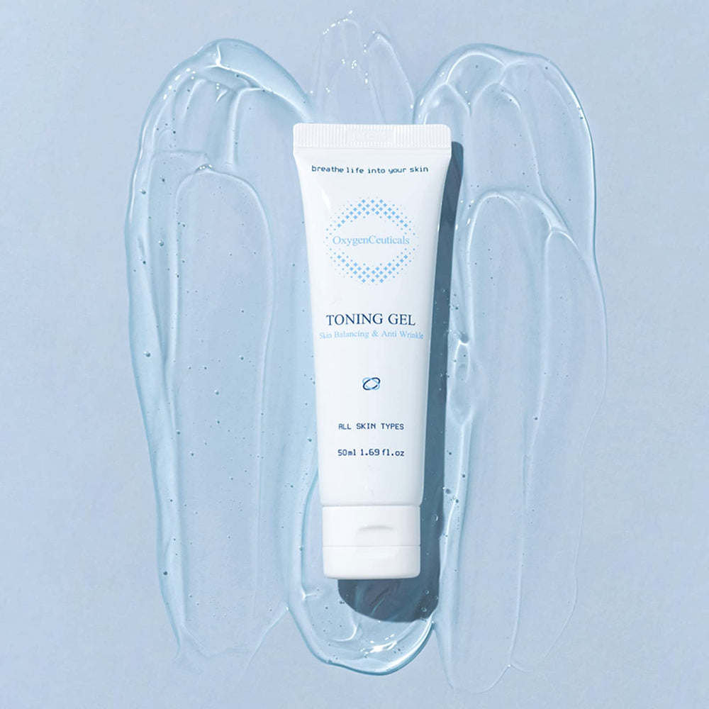 OxygenCeuticals Toning Gel texture close-up emphasizes cooling, hydrating properties.