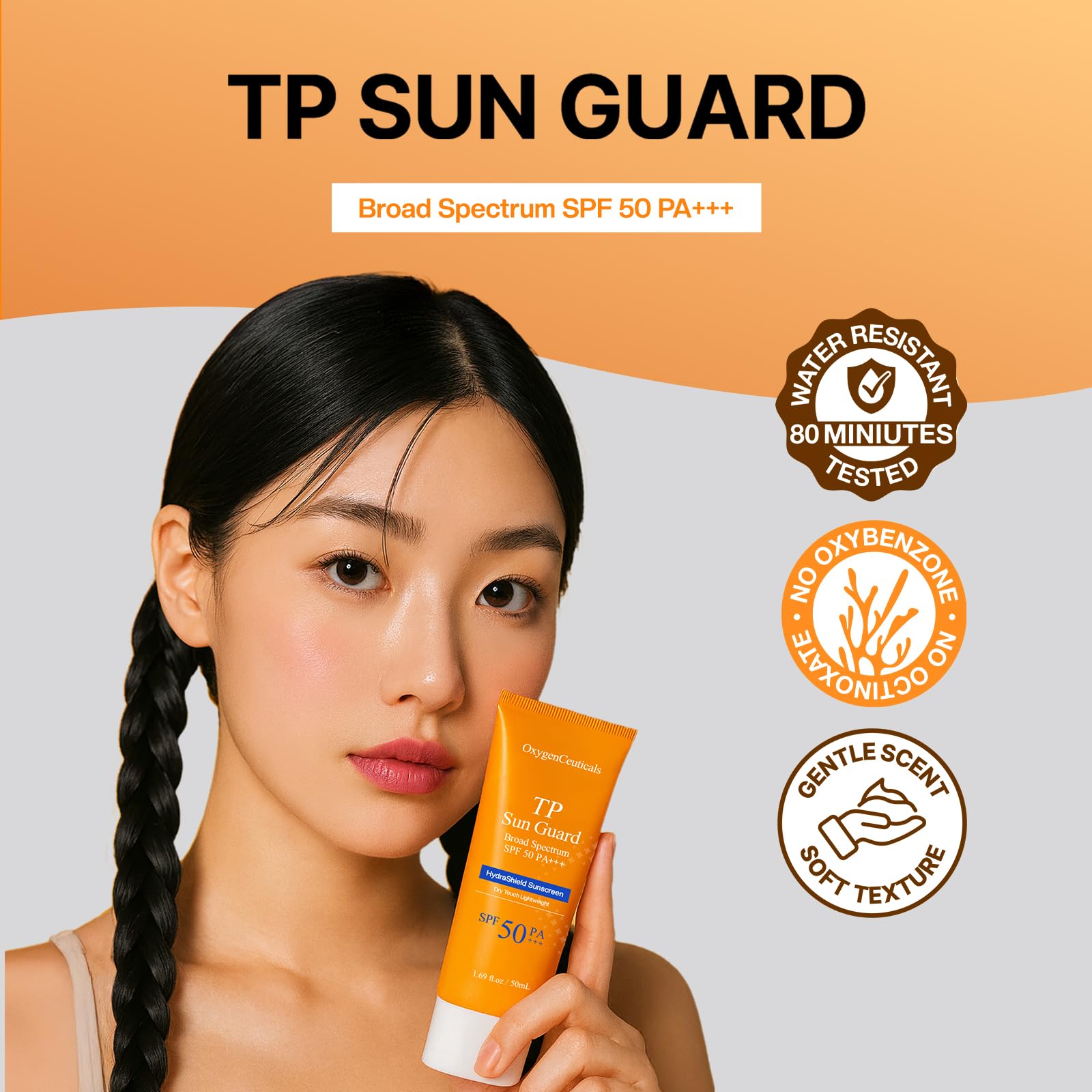 OxygenCeuticals TP Sun Guard applied on skin showing smooth, fast-absorbing finish.