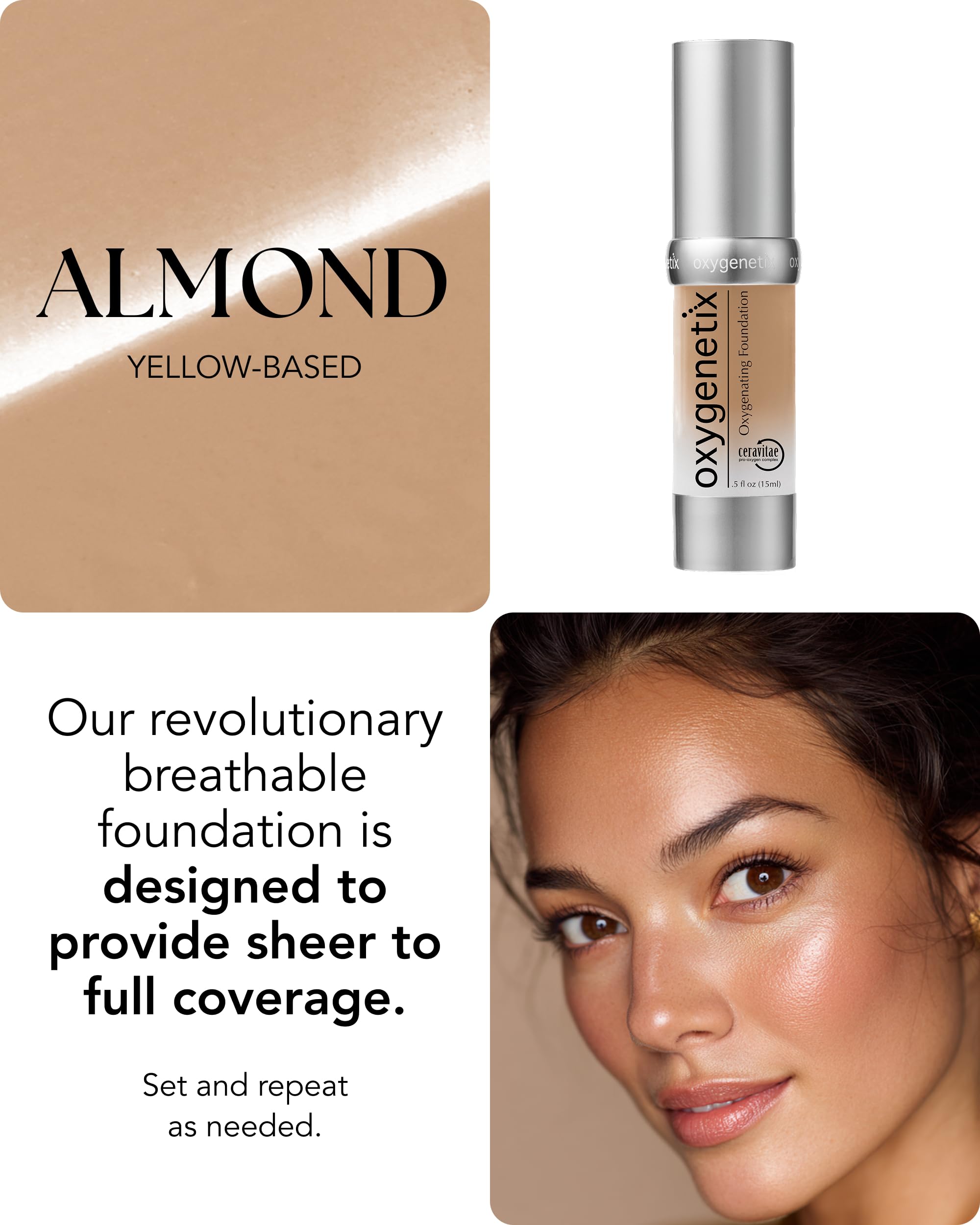 Oxygenetix Almond foundation closeup of buildable coverage finish.