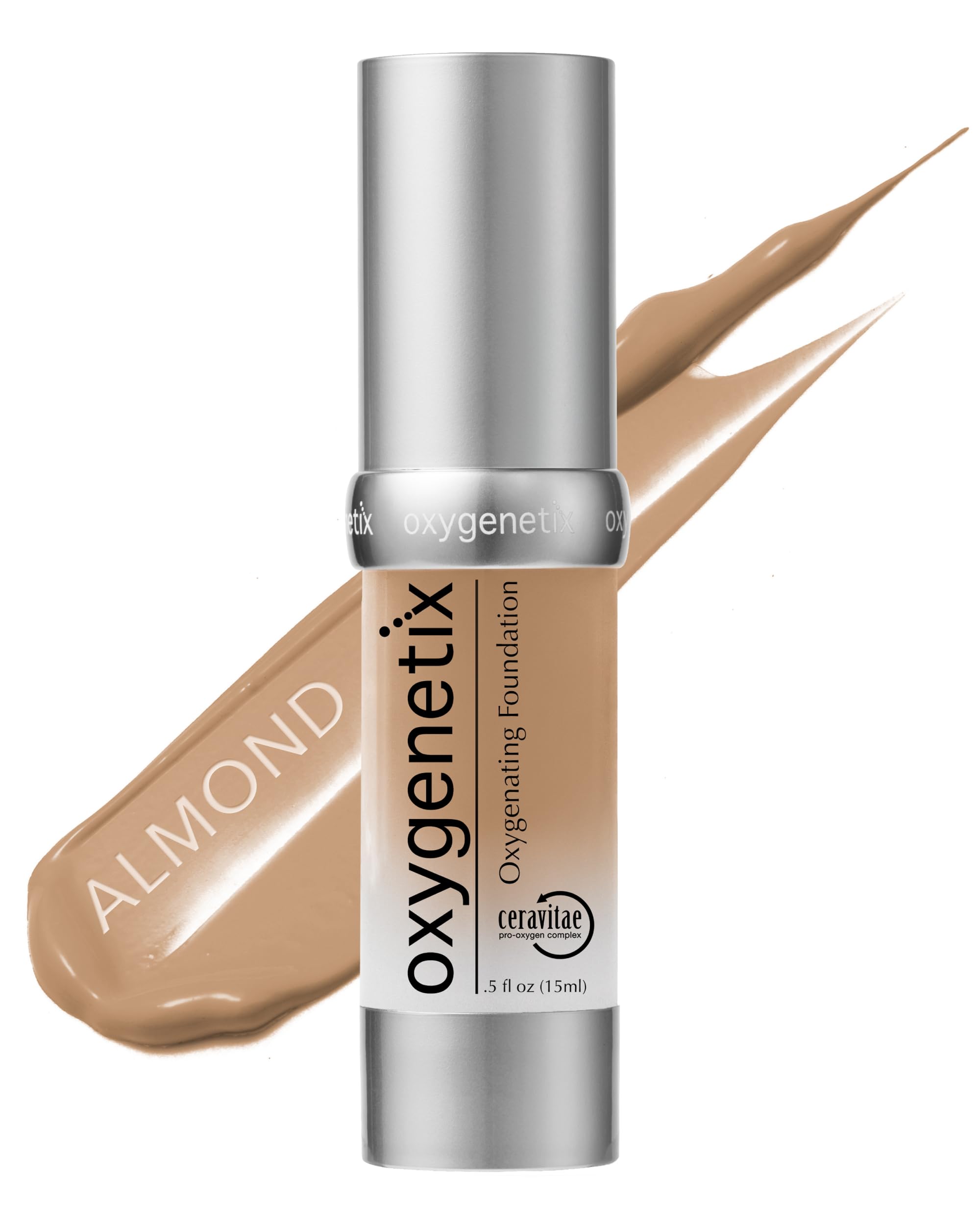 Oxygenetix Almond foundation bottle with breathable coverage.