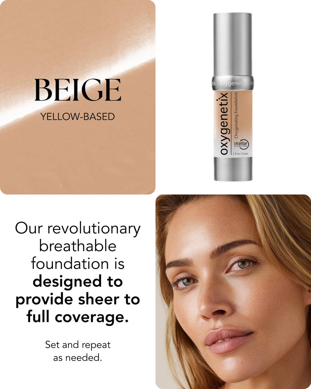 Oxygenetix beige bottle with airless pump illustrates hygienic packaging.