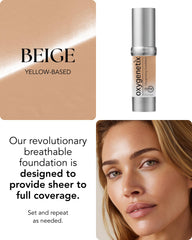 Oxygenetix beige bottle with airless pump illustrates hygienic packaging.