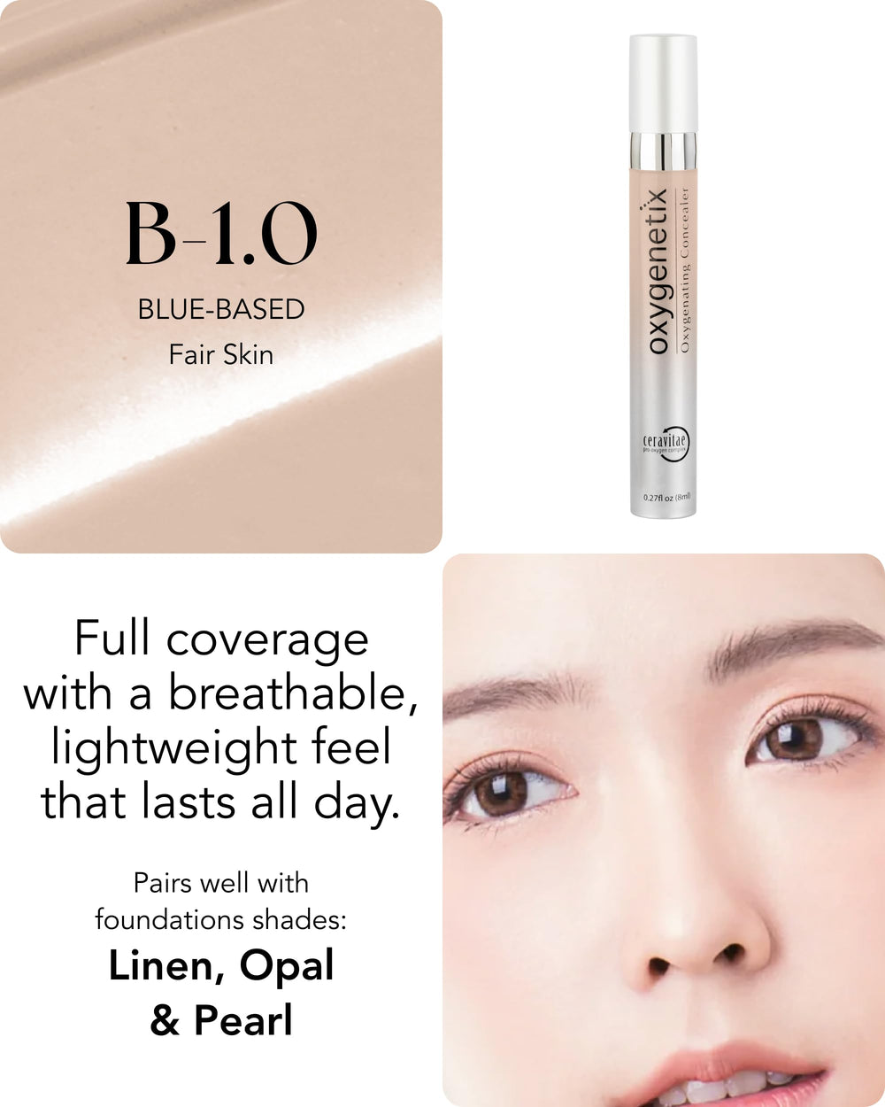 Under-eye area with Oxygenetix Oxygenating Concealer B-1.0 providing bright concealment