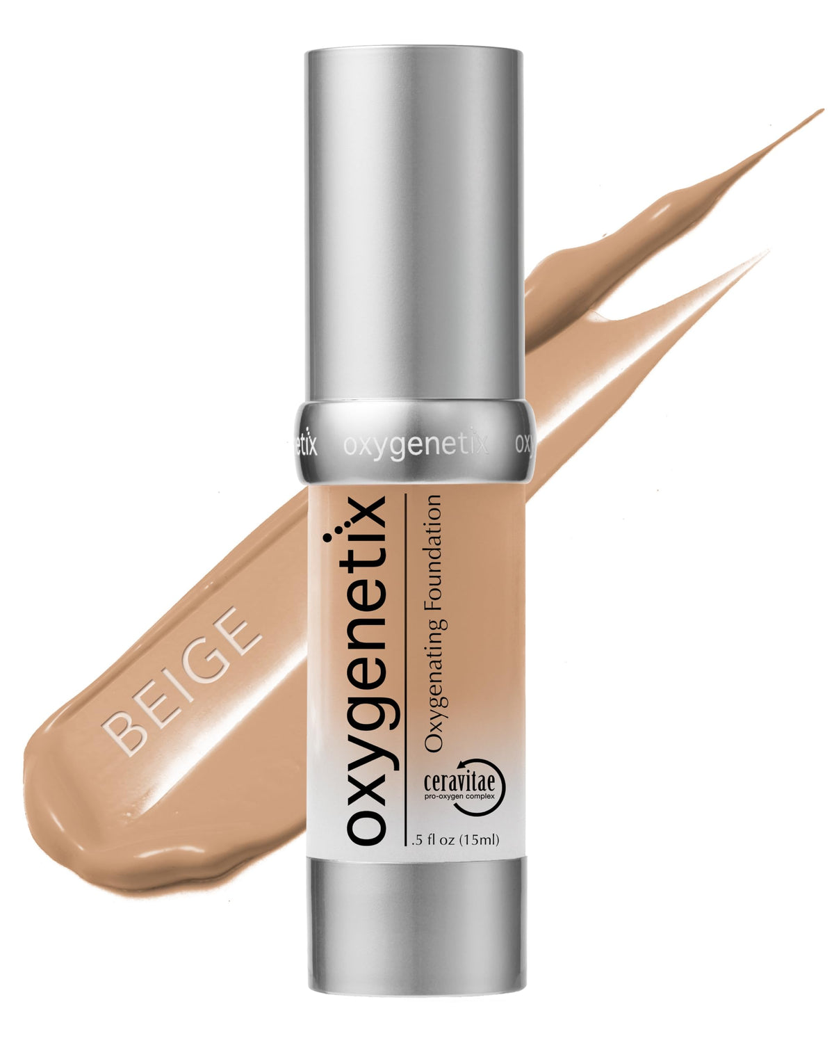 Oxygenetix Oxygenating Foundation beige bottle pump demonstrates breathable, even coverage.