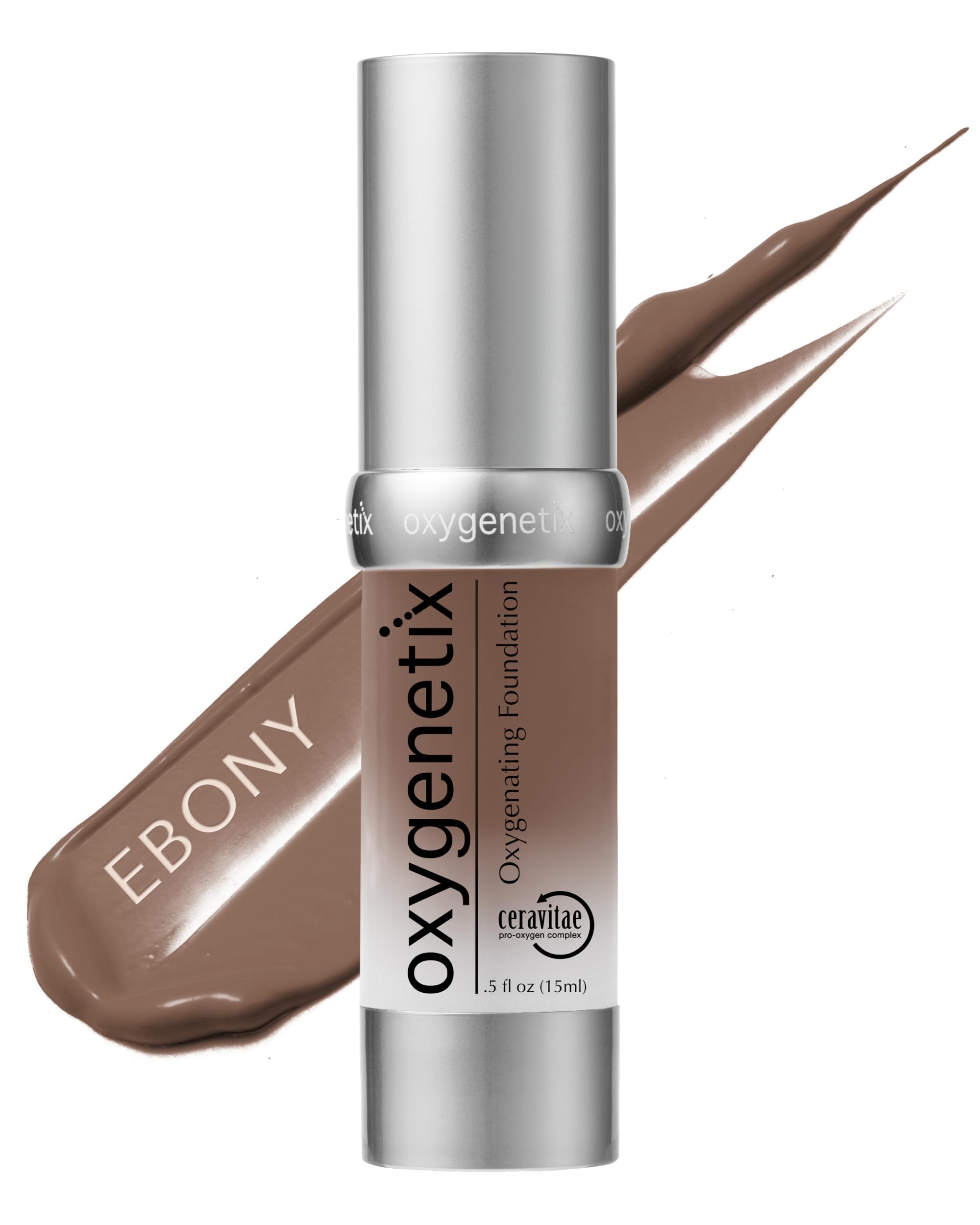 Oxygenetix Oxygenating Foundation Ebony bottle close-up shows breathable, weightless coverage for sensitive skin.