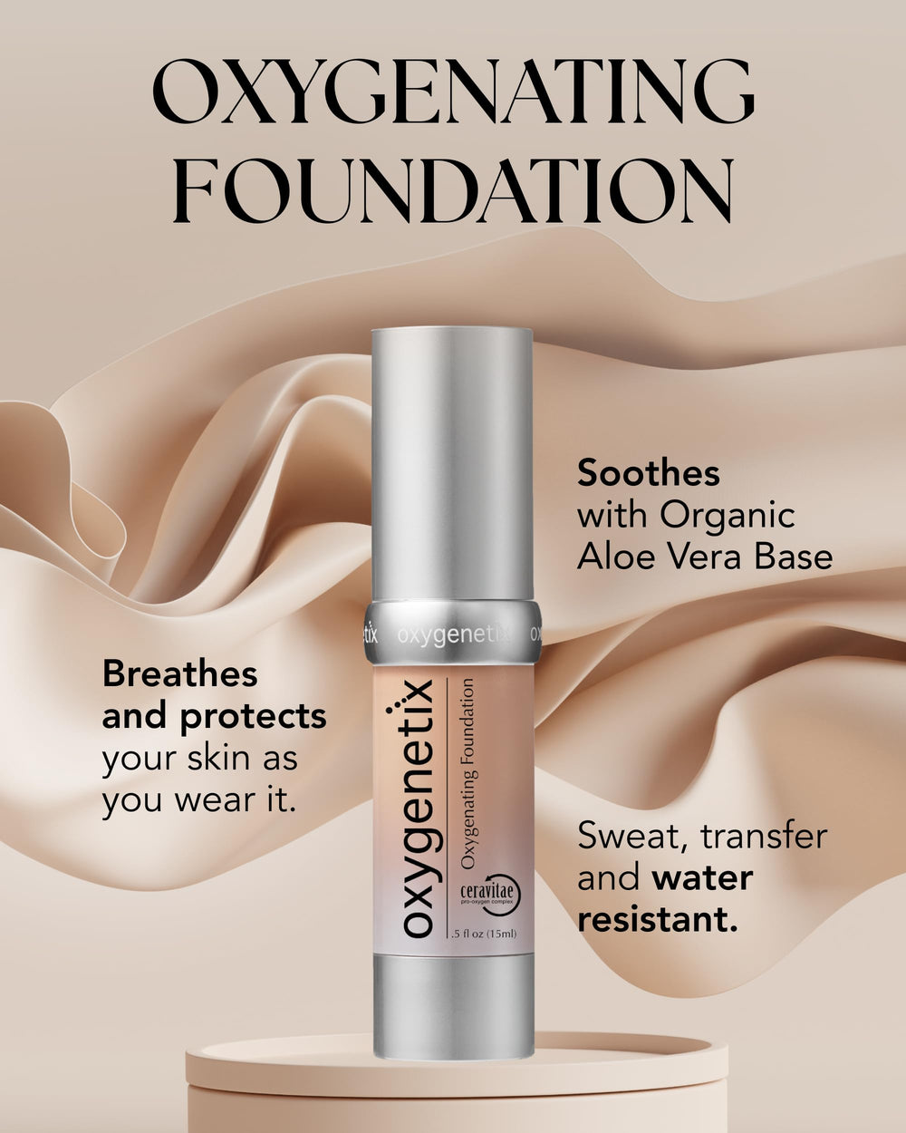 Oxygenetix Ebony texture swatch demonstrates buildable coverage with a natural finish.