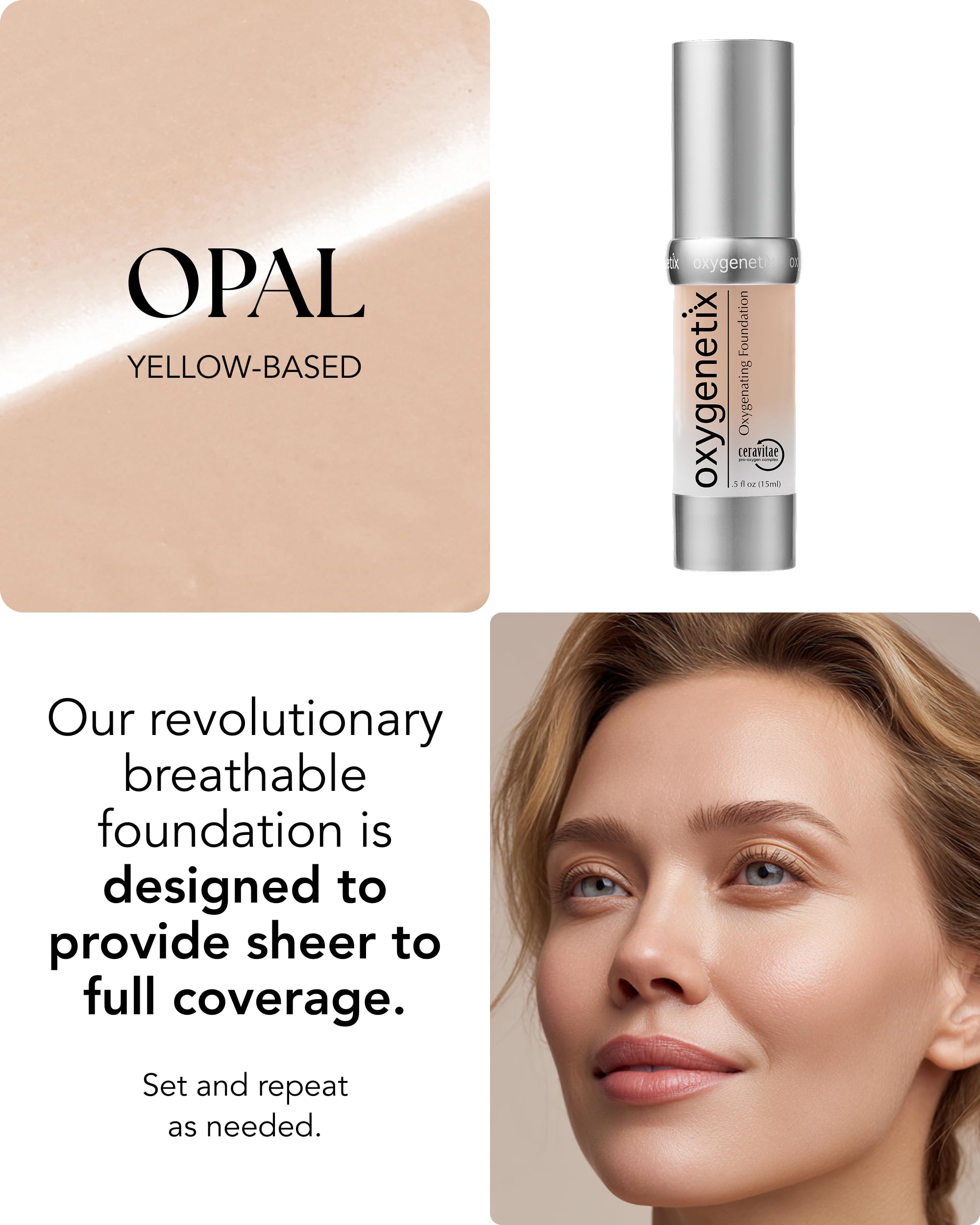 Oxygenetix Oxygenating Foundation Opal applied on skin highlighting lightweight texture.