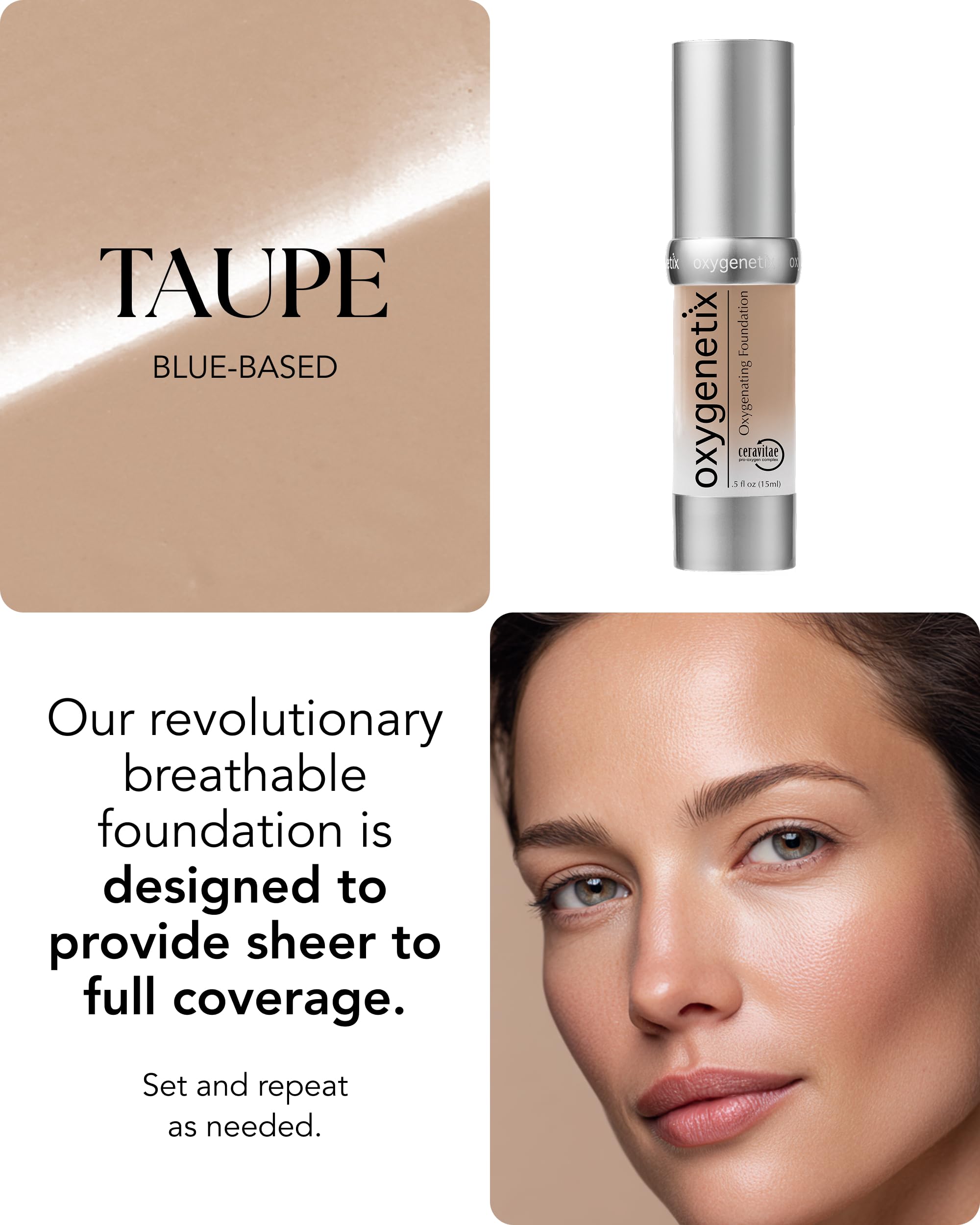 Lightweight coverage demonstrated by Oxygenetix Oxygenating Foundation Taupe on skin