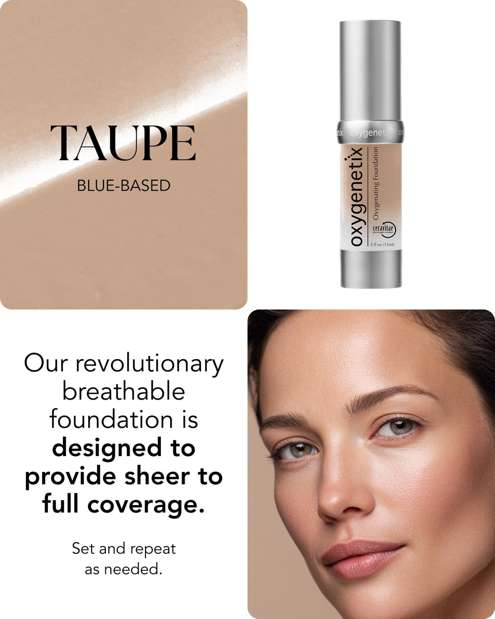 Lightweight coverage demonstrated by Oxygenetix Oxygenating Foundation Taupe on skin