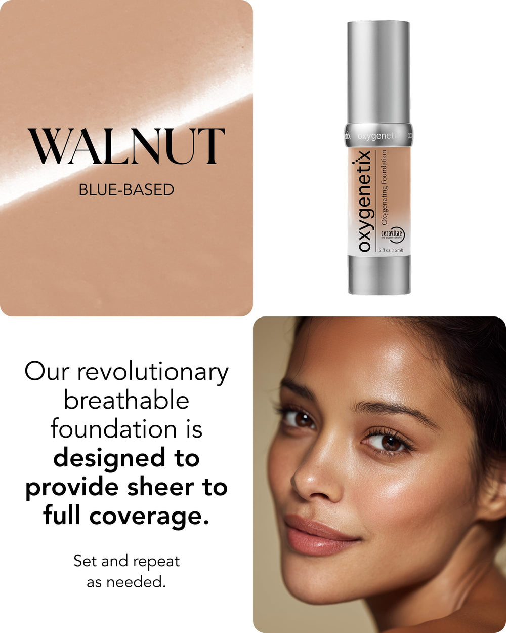 Oxygenetix Walnut foundation swatch demonstrating shade match and buildable coverage