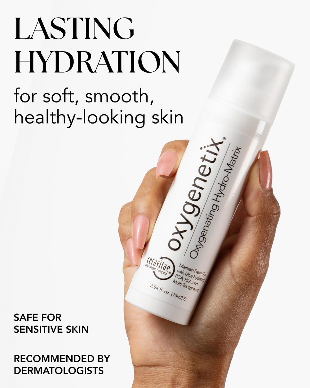 Oxygenetix Oxygenating Hydro-Matrix ingredient blend close-up emphasizes hyaluronic acid for moisture.