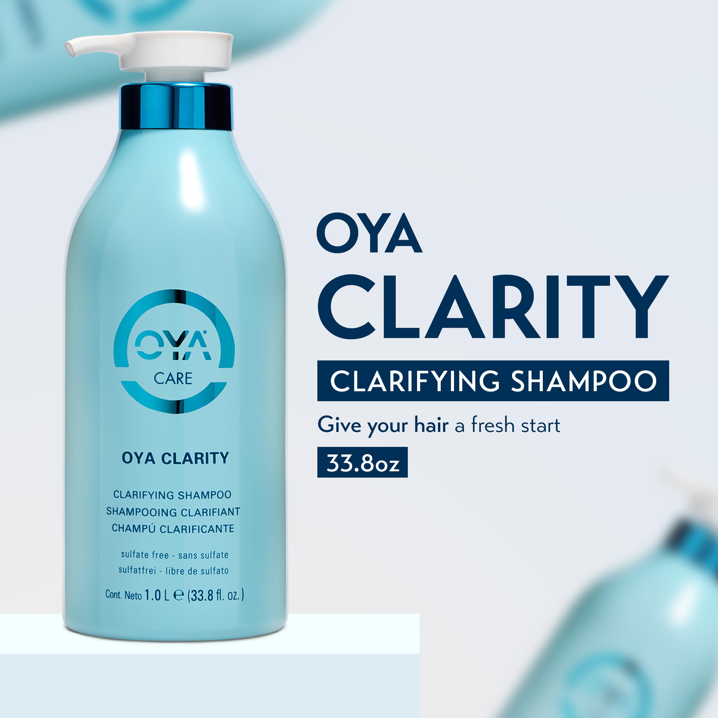 OYA Clarity bottle with pump shows easy, residue-free cleansing for vibrant, clean strands