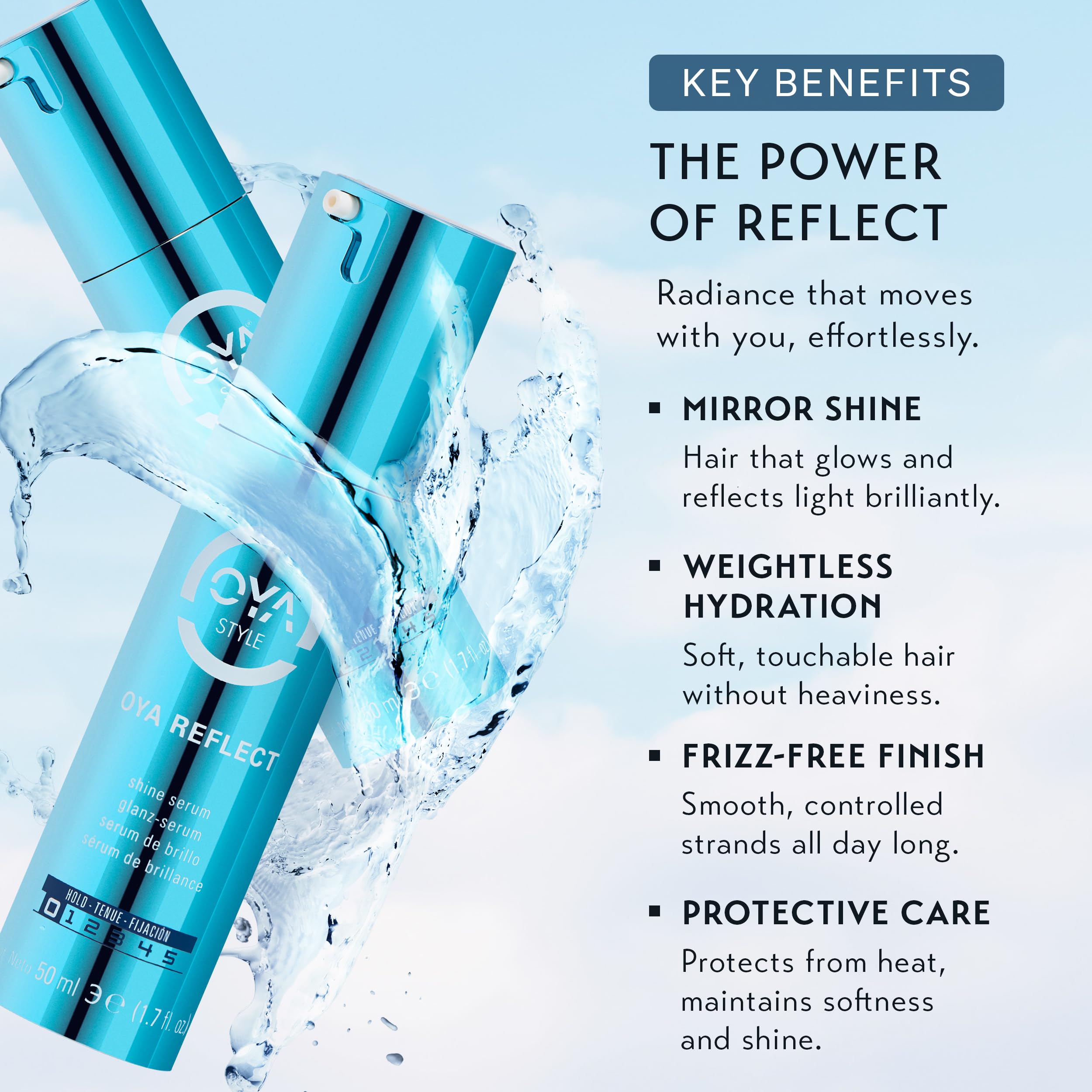 OYA Reflect serum on hair provides a smooth, glossy look without weight.
