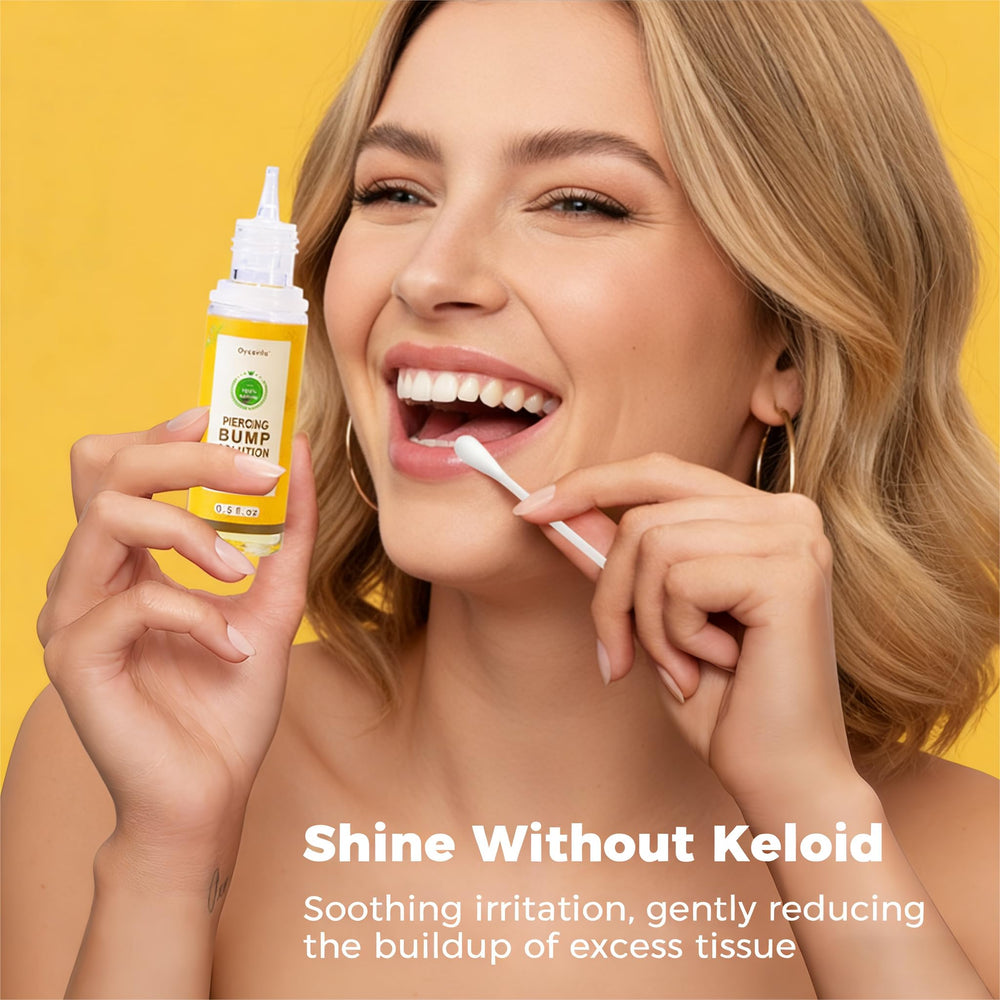 Oycevila bottle with label highlighting natural extracts for piercing care.