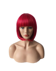 OYSRONG red bob short wig with bangs close-up showing smooth texture for daily wear.