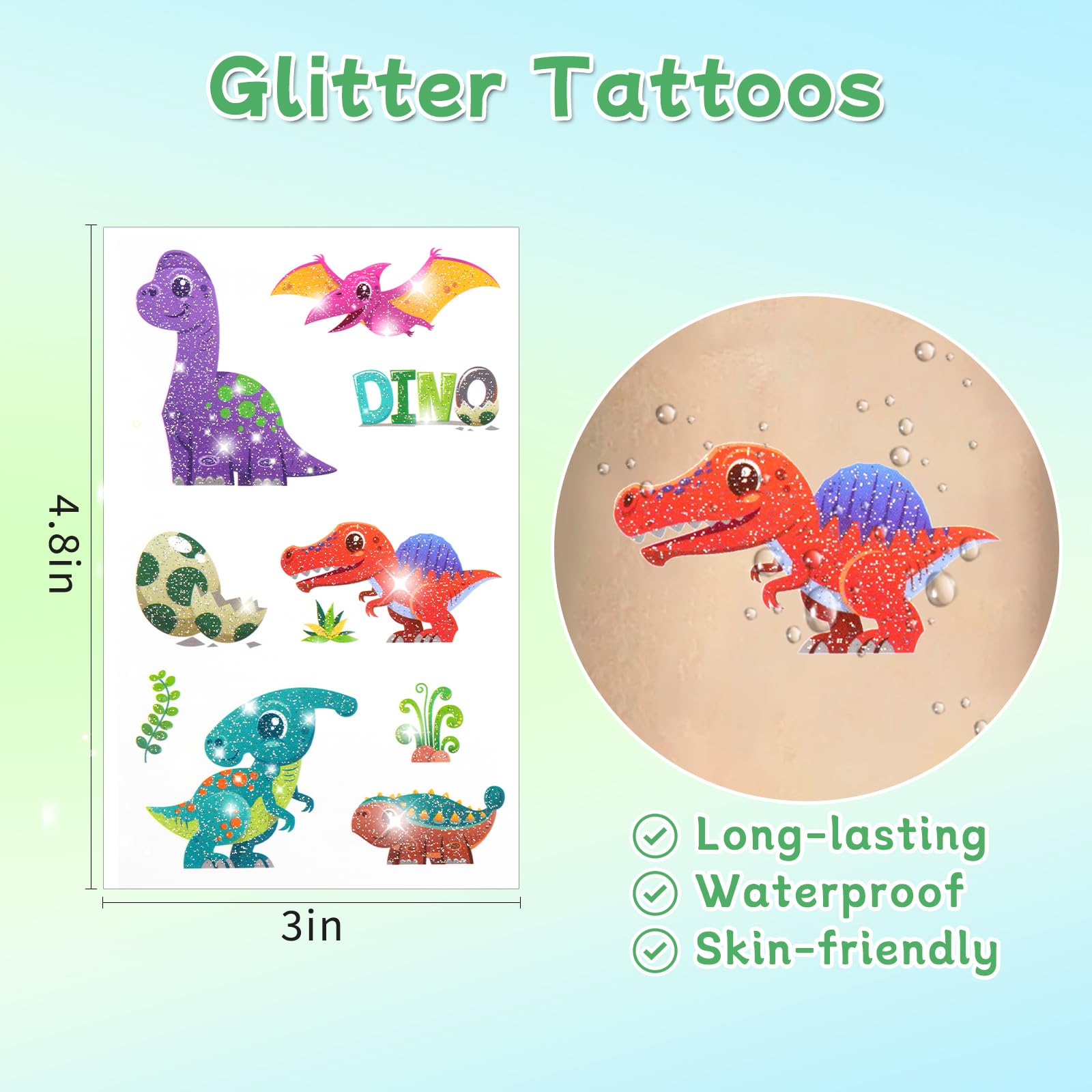Ozepao dinosaur glitter tattoos provide quick, mess-free application.